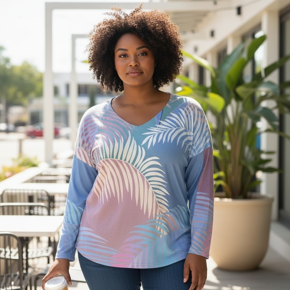 SOFT SURROUNDINGS | Tropical Palm Leaf Knit Tunic Top Ombre Pastel Gradient | L